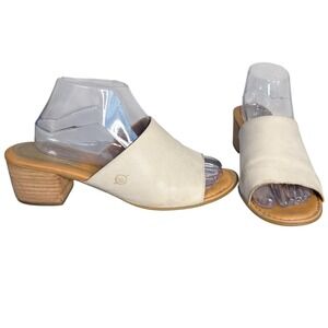 Born Cream Leather Slide Sandals Good Block Heel Mule BR0004311 Womens 10M